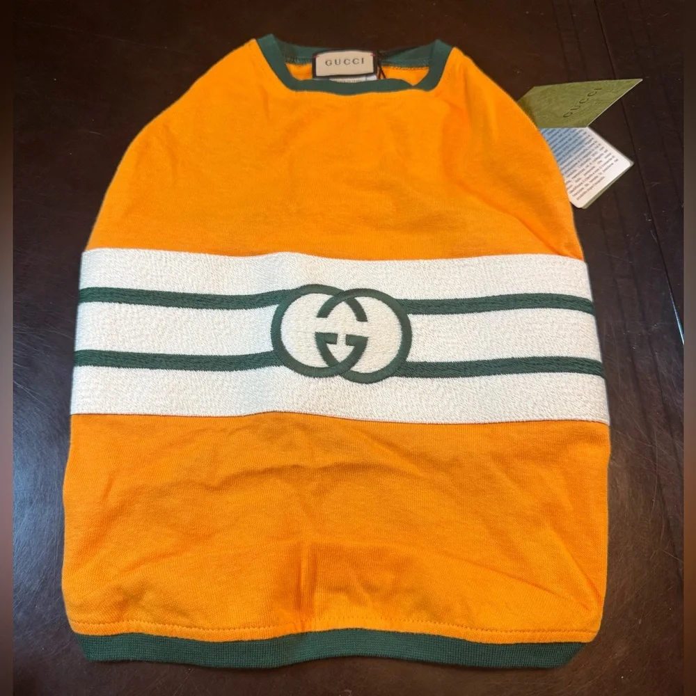 New Authentic Gucci GG Logo Dog Shirt Clothes Gold Green Size M